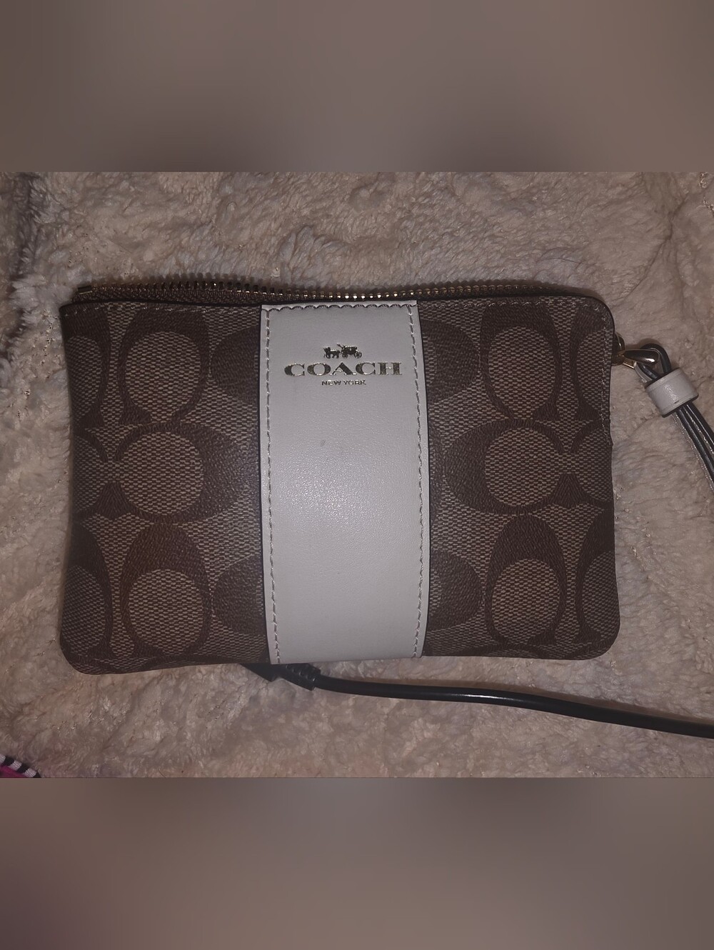 G.U.C Coach Tan/Signature Canvas Wristlet with White Center Stripe